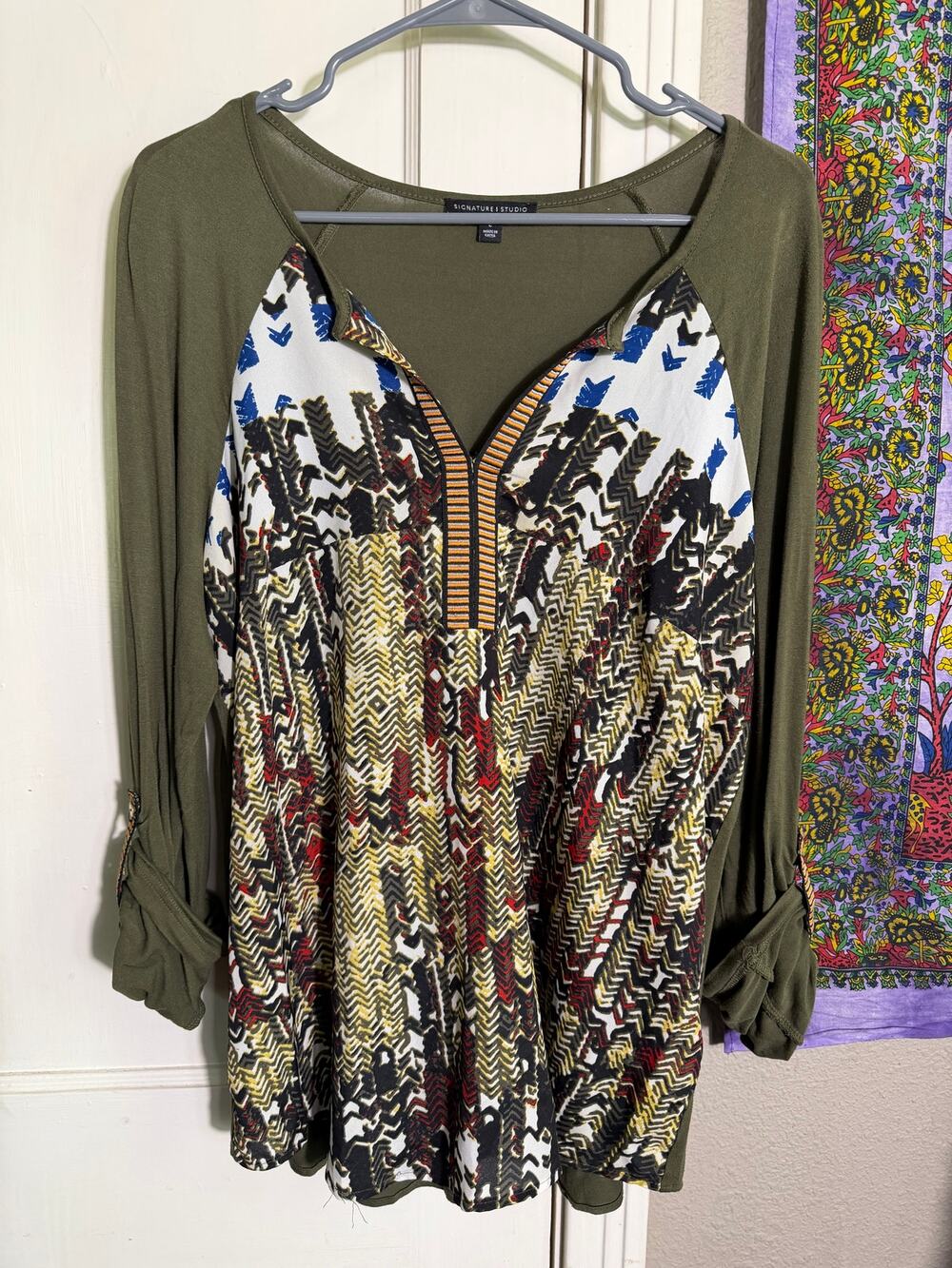 Signature Studio Mixed Media Blouse Olive Green Abstract Print Roll Tab Large